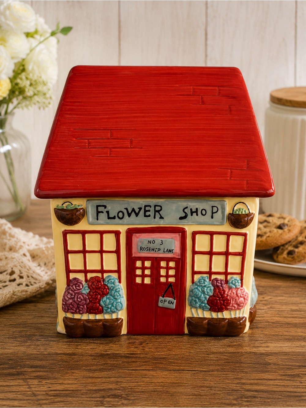 Vintage Marks & Spencer Flower Shop Ceramic Cookie Jar UK Cottagecore 7.5″